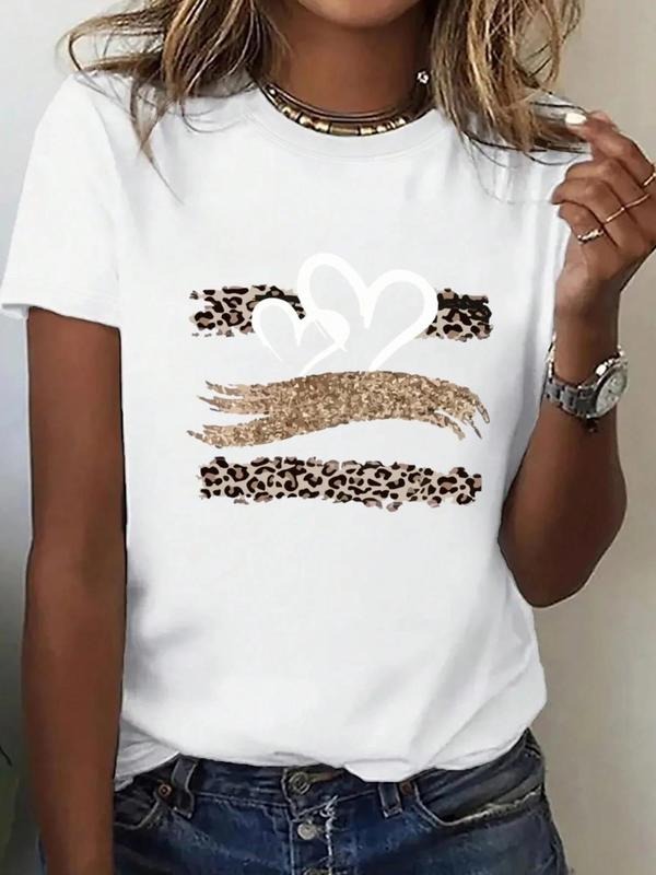 Women's Leopard Print Heart Shaped Sequin Decor Tee, Casual Glitter Short Sleeve T-Shirt for Summer, Ladies Clothes for...