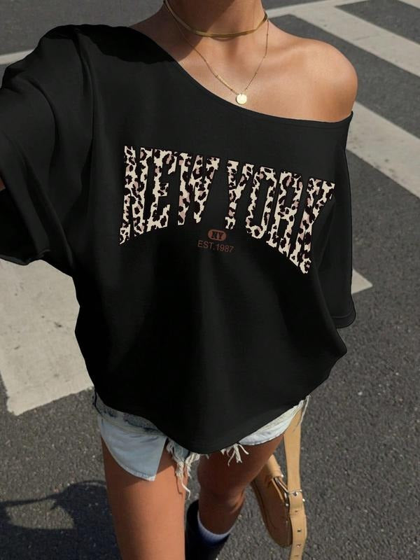 Women's Leopard Print New York Casual Asymmetrical Shoulder T-Shirt, Summer Fitted Plain Top, Daily Wear, Versatile Style...