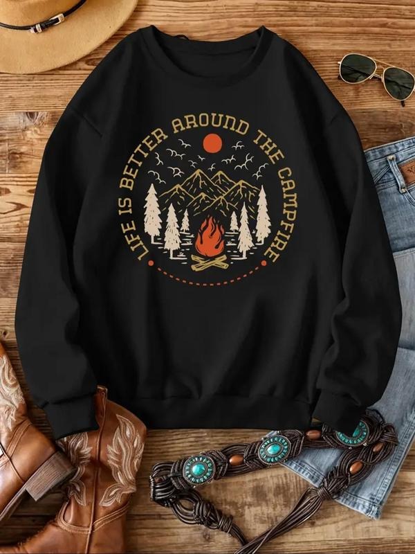 Women's Letter &  Landscape  Print Drop Shoulder Thermal Lined Sweatshirt, Casual Long Sleeve Round Neck Pullover for...