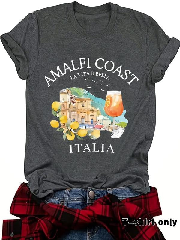 Women's Letter & Amalfi Coast Print Round Neck Tee, Casual Short Sleeve T-shirt for Summer, Ladies Clothes for Daily Wear...