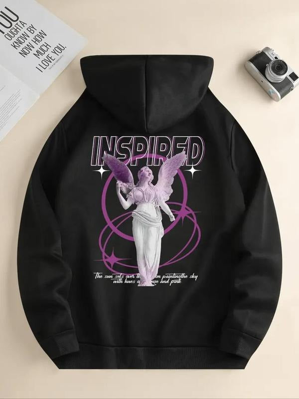 Women's Letter & Angel Print Drawstring Hoodie, Casual Long Sleeve Hooded Sweatshirt for Fall & Winter, Women's Clothes...