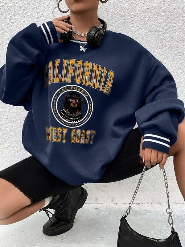 Women's Letter & Bear Print Drop Shoulder Sweatshirt, Fashion Casual Street Long Sleeve Round Neck Pullover For Daily...