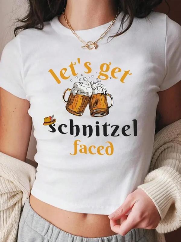 Women's Letter & Beer Print Round Neck Tee, Casual Short Sleeve Crew Neck T-Shirt for Summer, Fashion Women's Top for...
