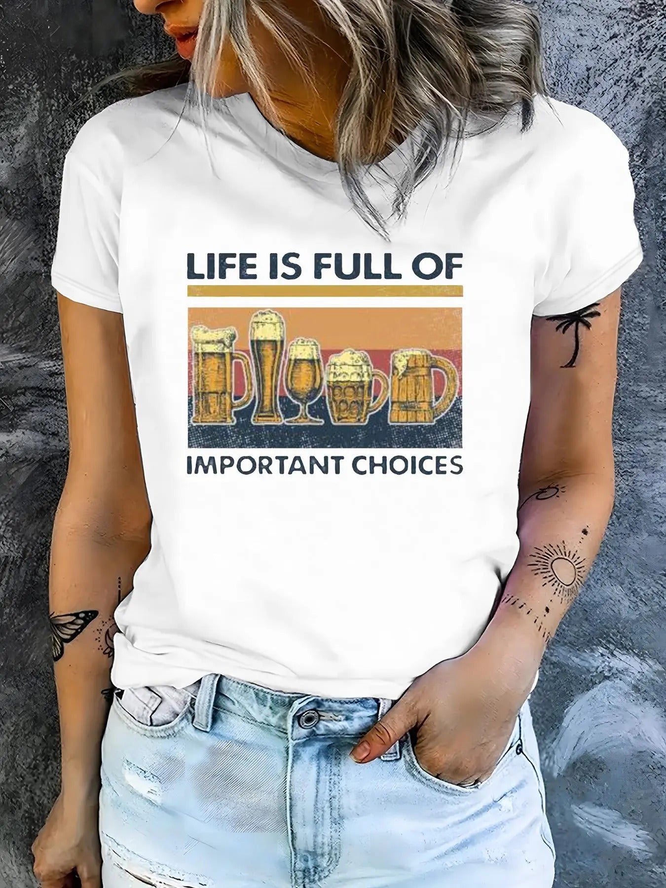 Women's Letter & Beer Print Round Neck Tee, Casual Short Sleeve Crew Neck T-Shirt for Summer, Fashion Women's Top for...