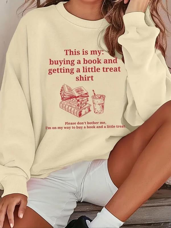 Women's Letter & Book Print Round Neck Sweatshirt, Casual Long Sleeve Pullover for Fall & Winter, Women's Clothes for...