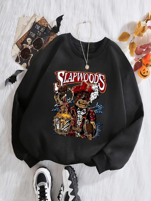Women's Letter & Cartoon Animal Print Crew Neck Sweatshirt, Casual Letter Graphic Long Sleeve Pullover for Fall & Winter,...