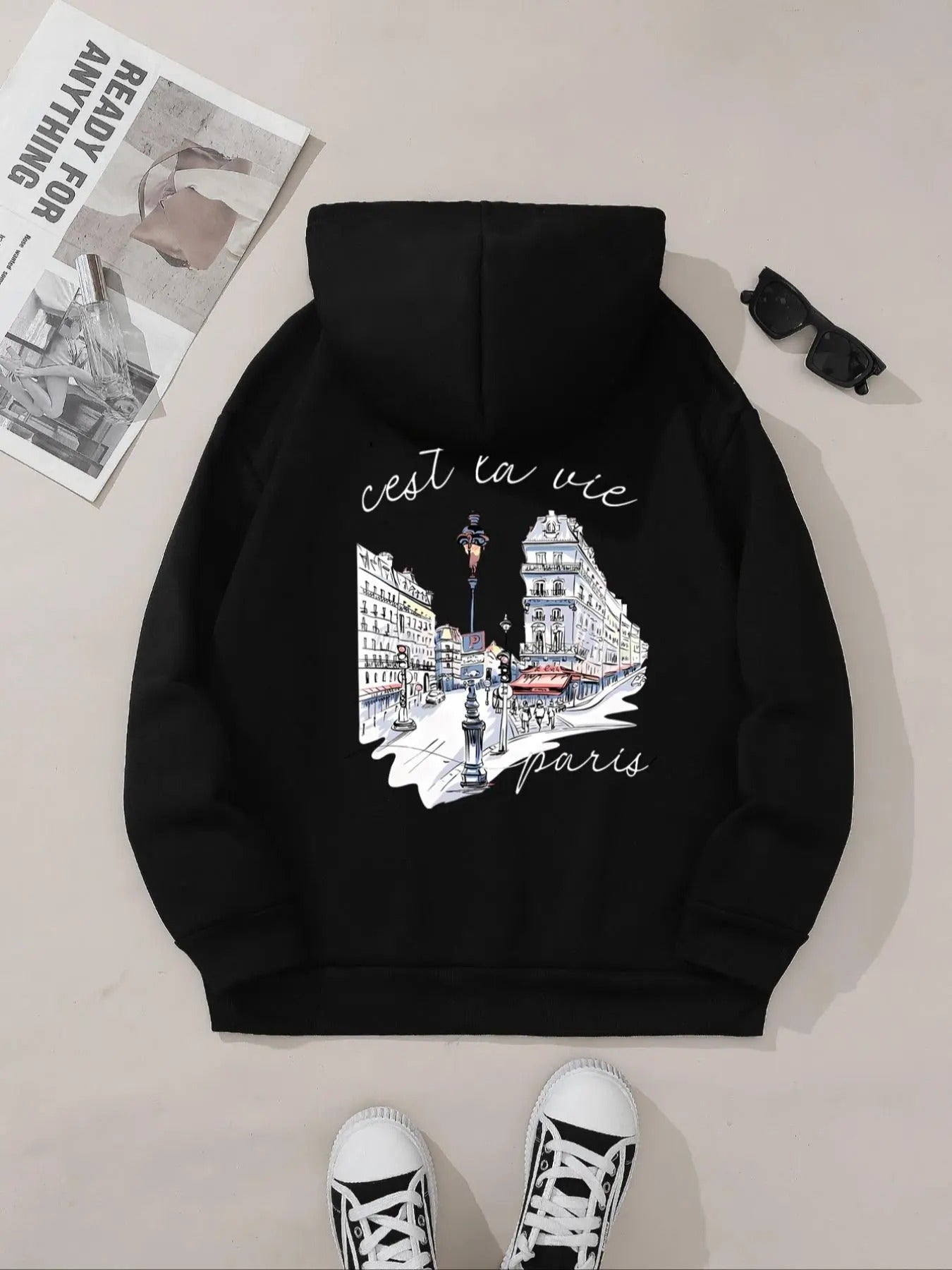 Women's Letter & City Print Hoodie, Casual Elegant Hooded Sweatshirt for Fall & Winter, Women's Clothing for Daily Wear...