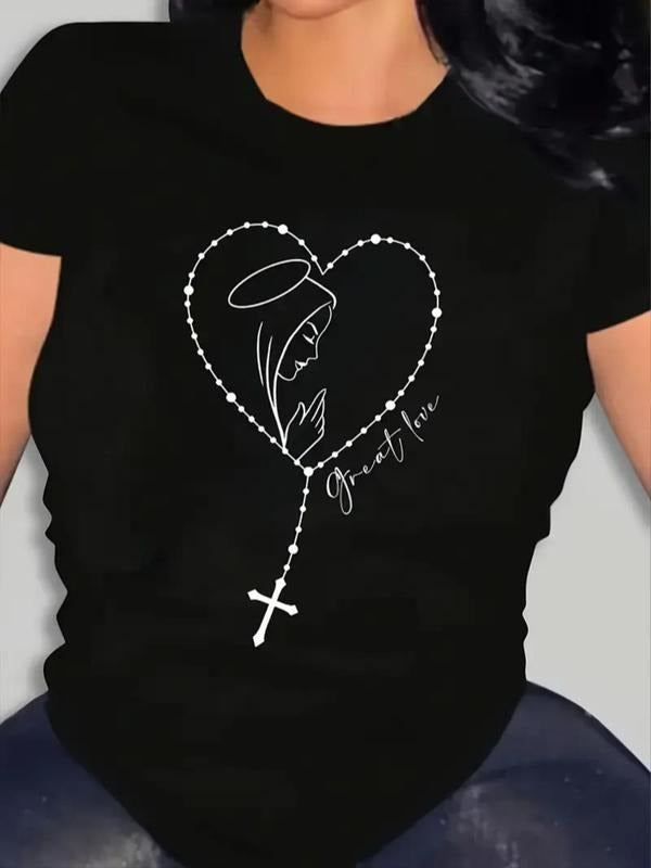 Women's Letter & Cross Print Round Neck Tee, Casual Heart & Cross Design Short Sleeve T-Shirt for Summer, Ladies Clothes...