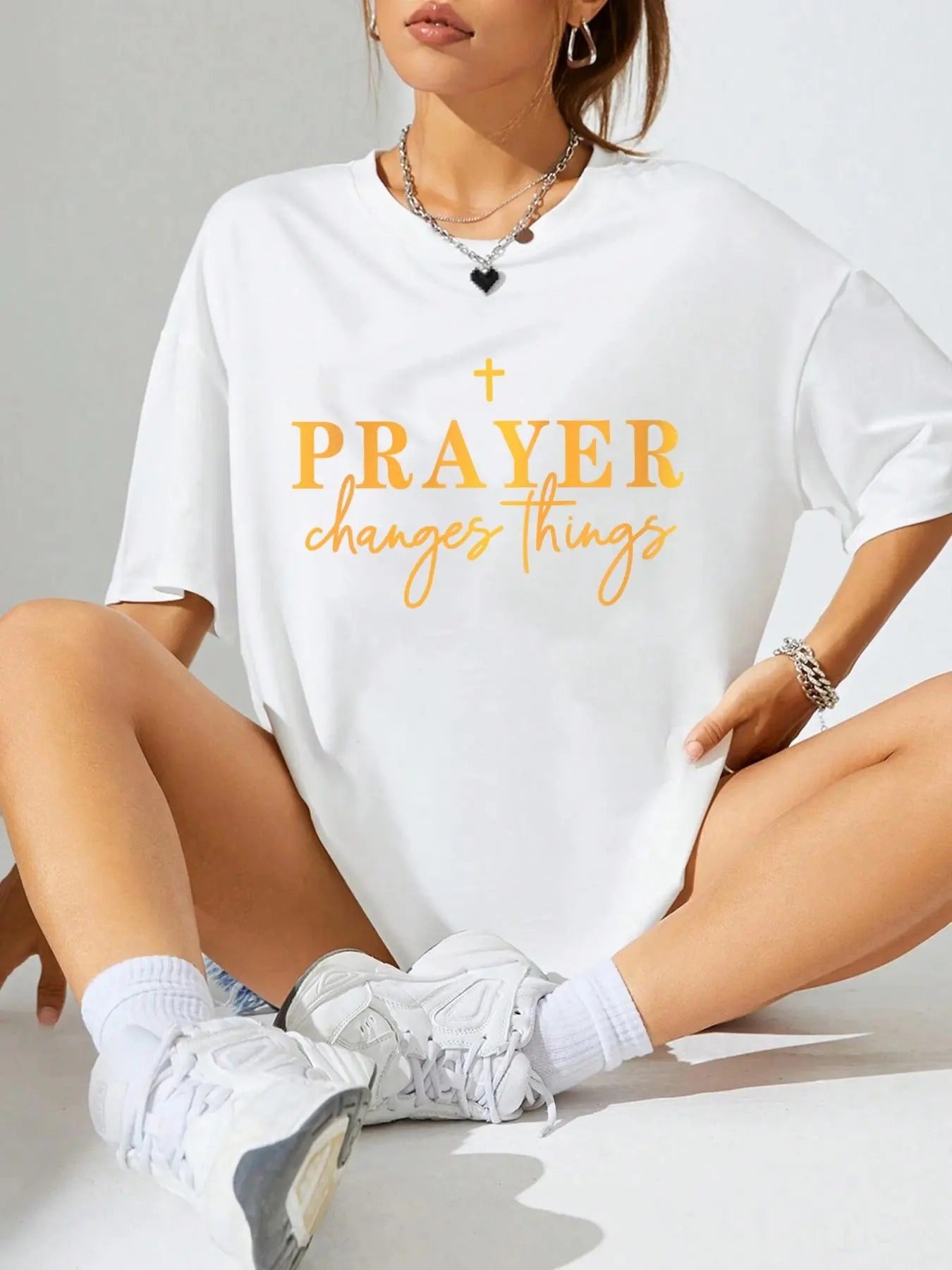 Women's Letter & Cross Print Round Neck Tee, Casual T-shirt for Summer, Women's Top for Daily Wear Hoodie, Sweatshirt