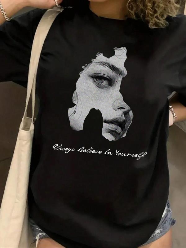 Women's Letter & Figure Print Round Neck Tee, Fashion Casual Short Sleeve T-shirt, Ladies Summer Clothes for Daily Wear...