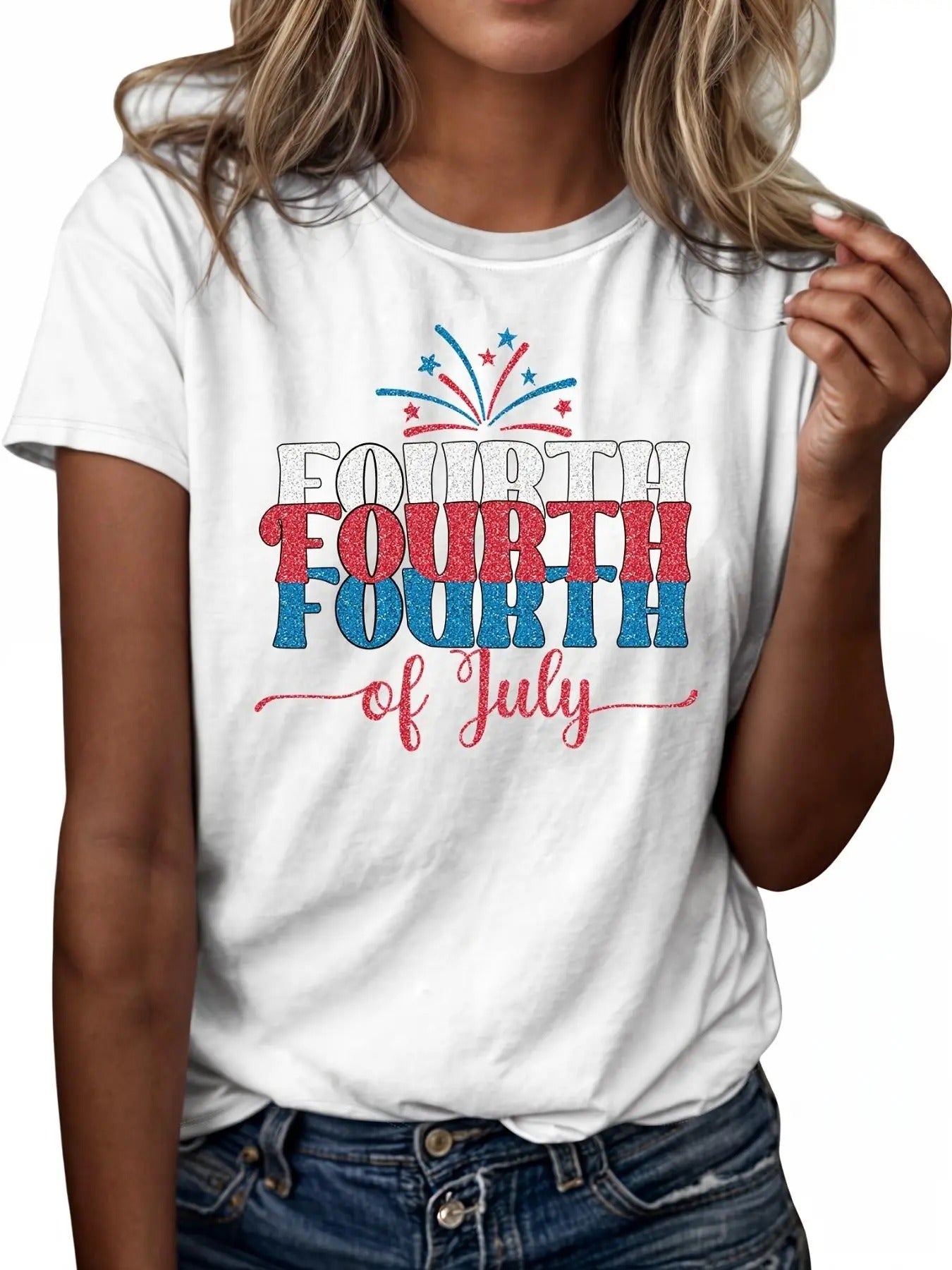 Women's Letter & Fireworks Print Round Neck Tee, Casual Short Sleeve Crew Neck T-Shirt for Daily Wear, Ladies Clothes for...