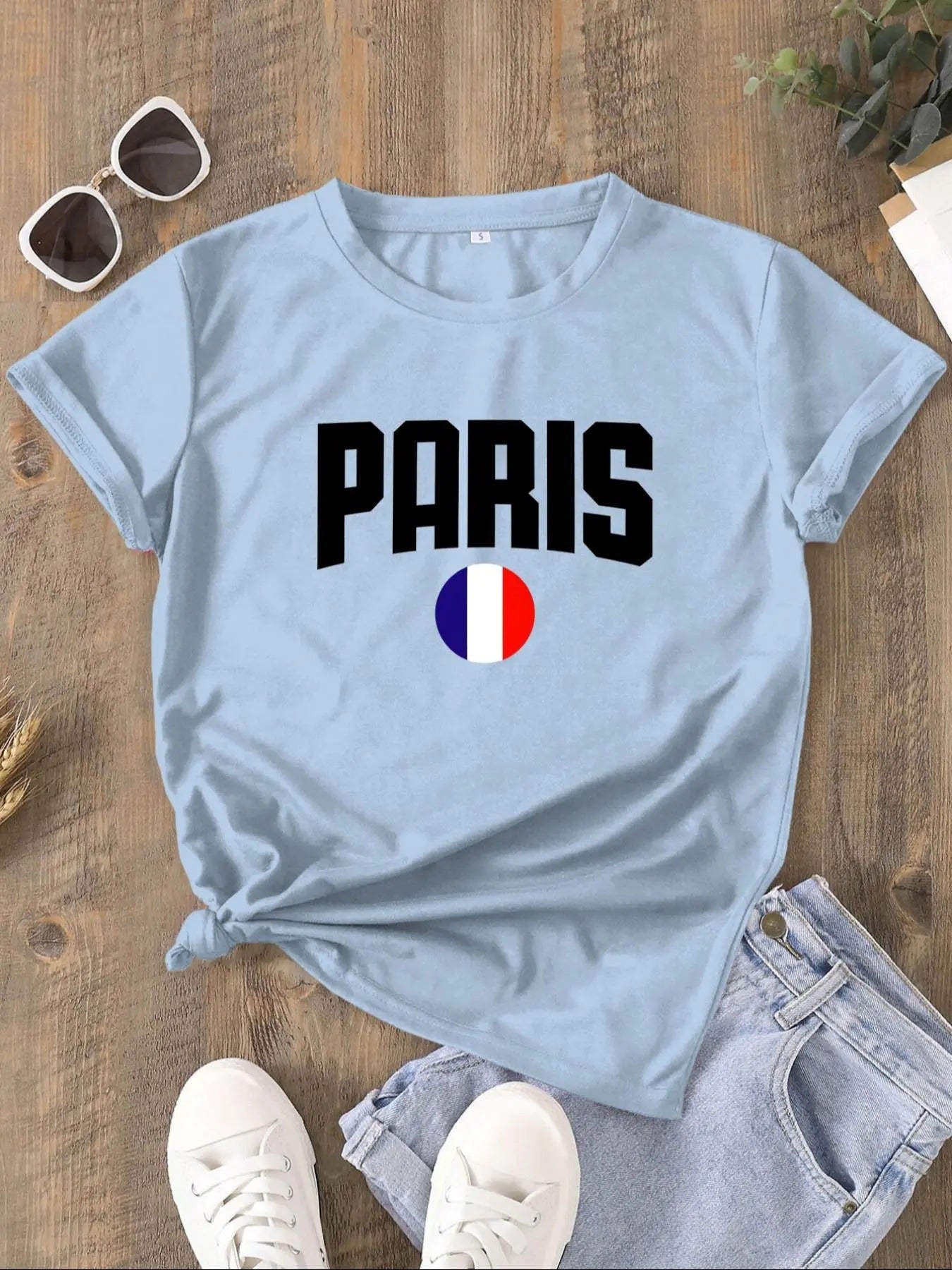 Women's Letter & Flag Print Round Neck Tee, Casual Short Sleeve T-shirt for Daily Wear, Ladies Clothes for All Seasons...