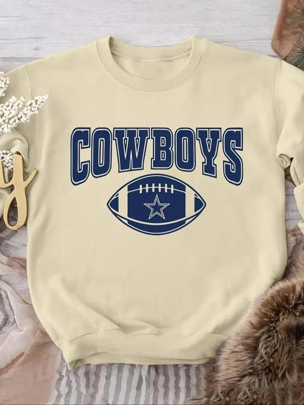 Women's Letter & Football Print Round Neck Pullover, Casual Long Sleeve Crew Neck Sweatshirt for Fall & Winter, Women's...