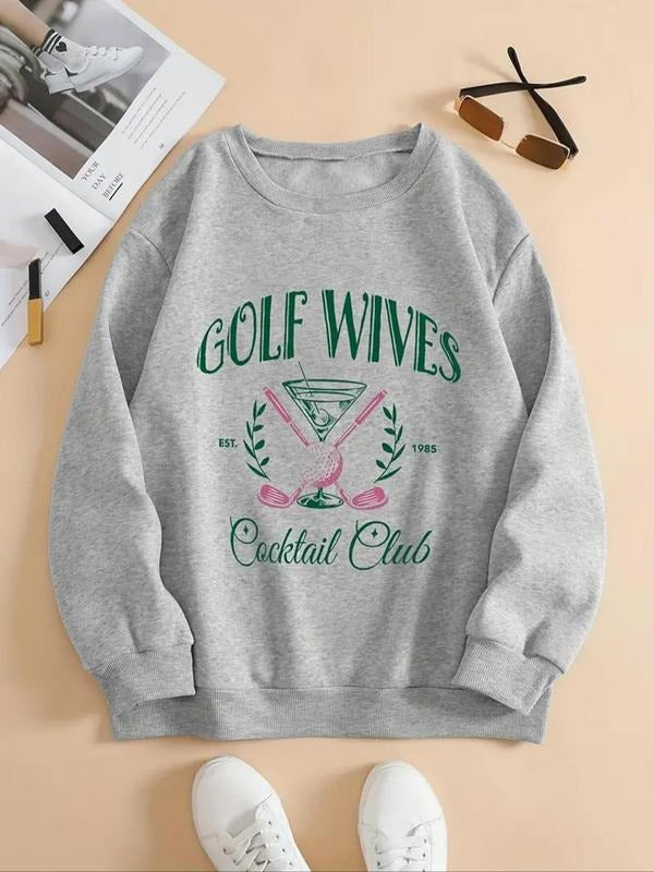 Women's Letter & Golf Print Drop Shoulder Thermal Lined Sweatshirt, Casual Long Sleeve Round Neck Pullover for Fall &...