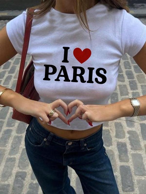 Women's Letter & Heart Print Round Neck Crop Tee, Fashion Casual Short Sleeve T-shirt for Summer, Ladies Clothes for...