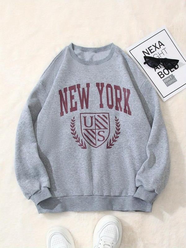 Women's Letter & Laurel Leaf Print Drop Shoulder Sweatshirt, Casual Long Sleeve Round Neck Pullover for Fall & Winter,...