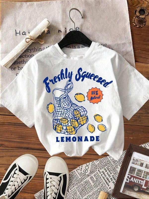Women's Letter & Lemon Print Round Neck Tee, Vintage Trendy Casual Short Sleeve T-shirt for Daily Wear, Ladies Summer...