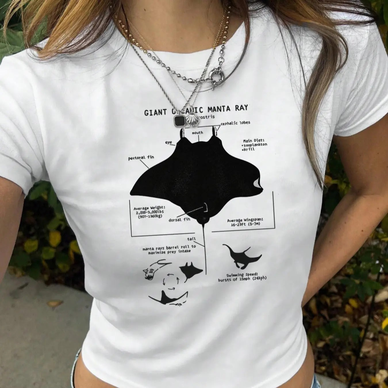 Women's Letter & Manta Print Round Neck Crop Tee, Y2K Short Sleeve T-Shirt, Ladies All Seasons Outfit Hoodie, Sweatshirt