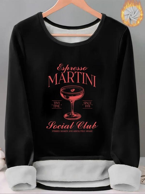 Women's Letter & Martini Print Thermal Lined Tee, Casual Long Sleeve Round Neck T-shirt for Fall & Winter, Ladies Clothes...