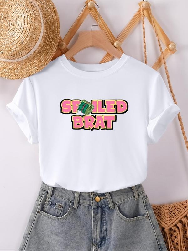 Women's Letter & Money Print Round Neck Tee, Casual Short Sleeve Crew Neck T-shirt for Daily Wear, Ladies Clothes for All...