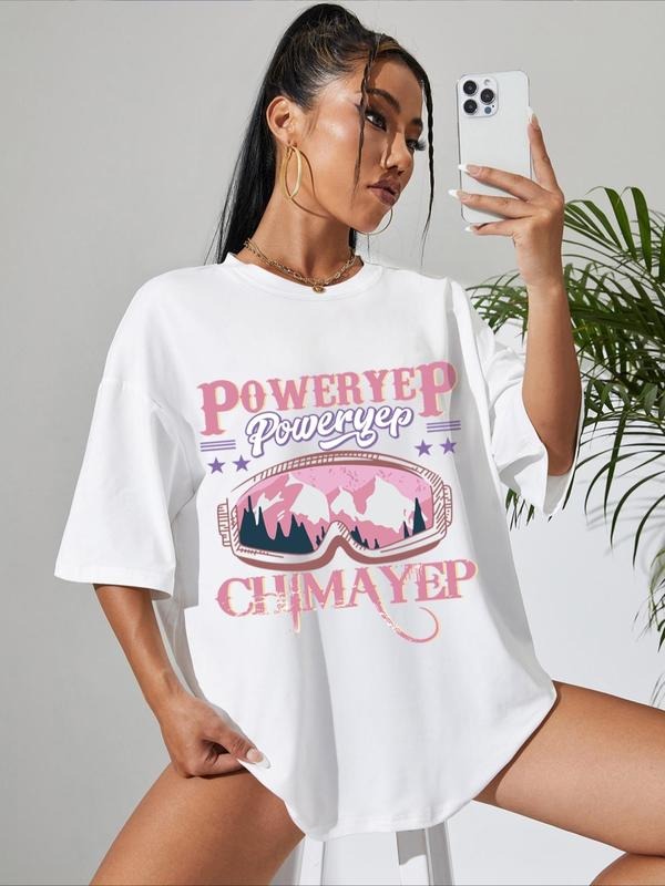 Women's Letter & Mountain Print Drop Shoulder Graphic Tee, Fashion Casual Crew Neck T-shirt for Daily Outdoor Wear,...