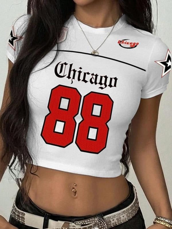 Women's Letter & Number Print Round Neck Crop Tee, Casual Short Sleeve Crew Neck T-shirt for Summer, Fashion Women's Top...