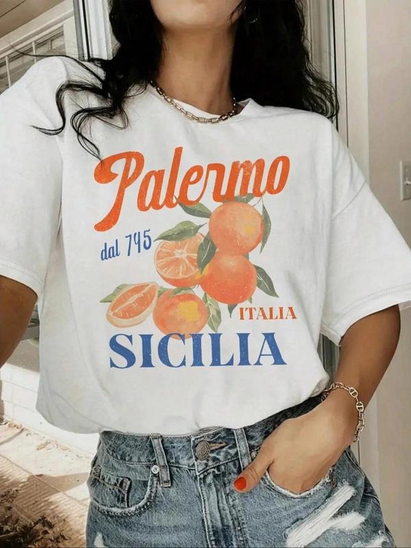 Women's Letter & Orange Print Round Neck Tee, Vintage Trendy Casual Short Sleeve T-shirt for Daily Wear, Ladies Summer...