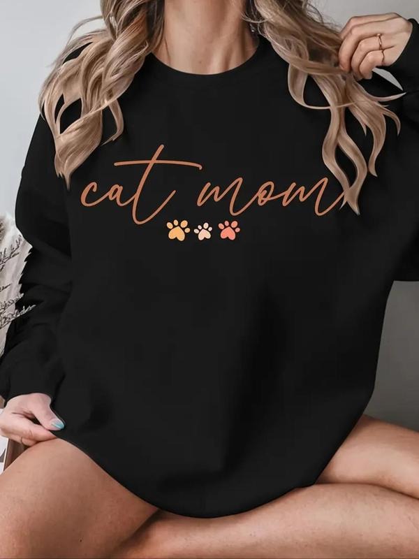 Women's Letter & Paw Print Round Neck Sweatshirt, Casual Long Sleeve Crew Neck Pullover for Fall & Winter, Women's...