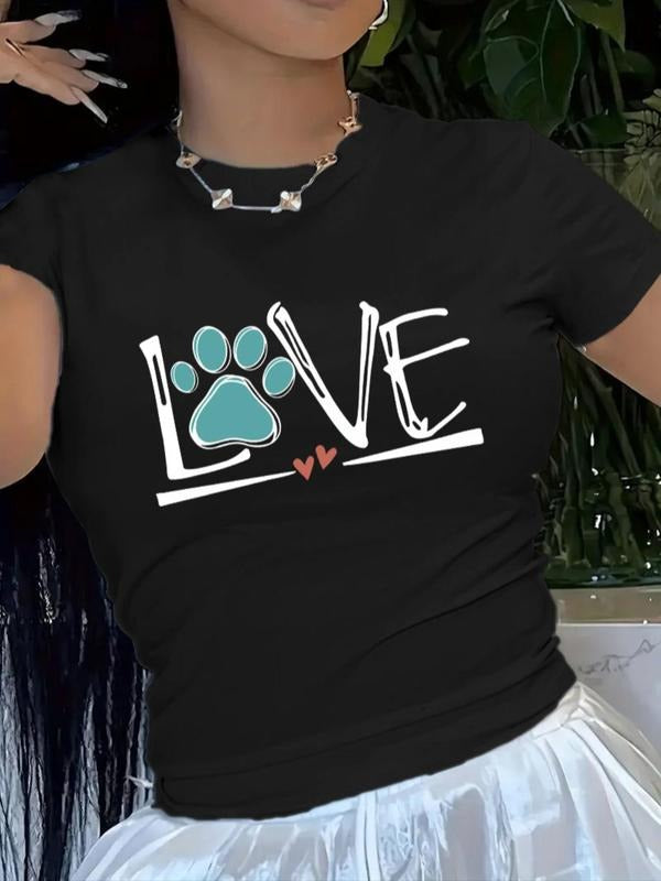 Women's Letter & Paw Print Round Neck Tee, Casual Short Sleeve Crew Neck T-shirt for Summer, Fashion Women's Top for...