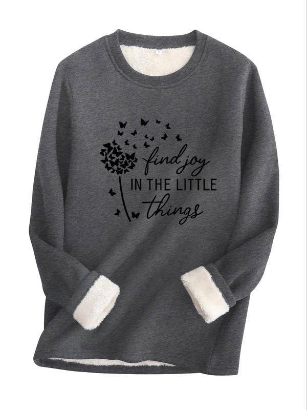 Women's Letter & Plants Print Crew Neck Thermal Lined Sweatshirt, Casual Long Sleeve Pullover for Fall & Winter, Women's...
