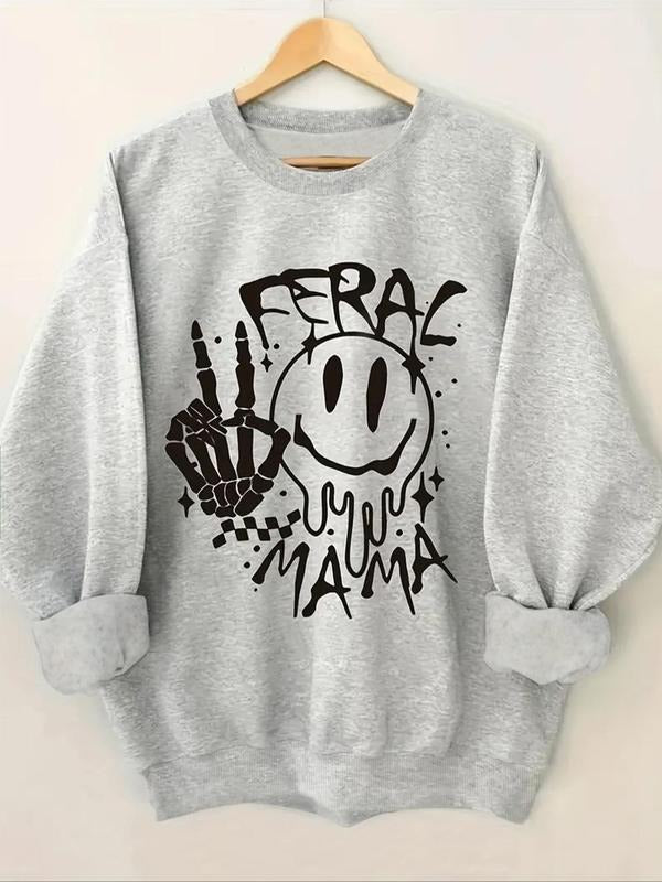 Women's Letter & Smile Face Print Drop Shoulder Sweatshirt, Casual Long Sleeve Round Neck Pullover for Fall & Winter,...