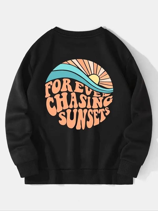 Women's Letter & Sun Print Drop Shoulder Sweatshirt, Casual Long Sleeve Round Neck Pullover for Fall & Winter, Women's...