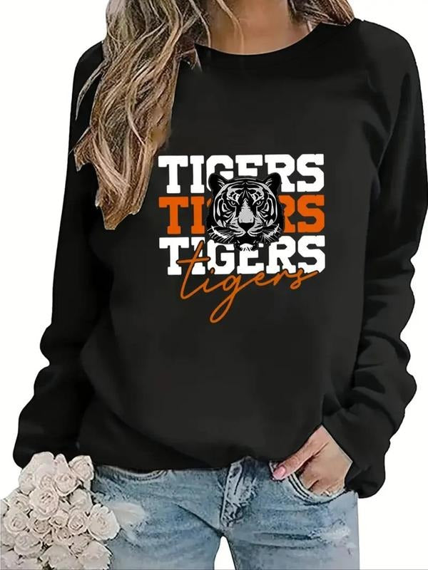 Women's Letter & Tiger Print Round Neck Pullover, Casual Long Sleeve Crew Neck Sweatshirt for Fall & Winter, Fashion...