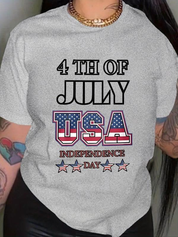 Women's Letter American Flag Pattern Round Neck Tee, Casual Short Sleeve Crew Neck T-shirt for Summer, Fashion Women's...