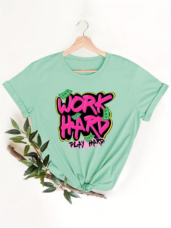 Women's Letter Graphic Print Round Neck Tee, Fashion Casual Short Sleeve T-shirt, Ladies Summer Clothes for Daily Wear...