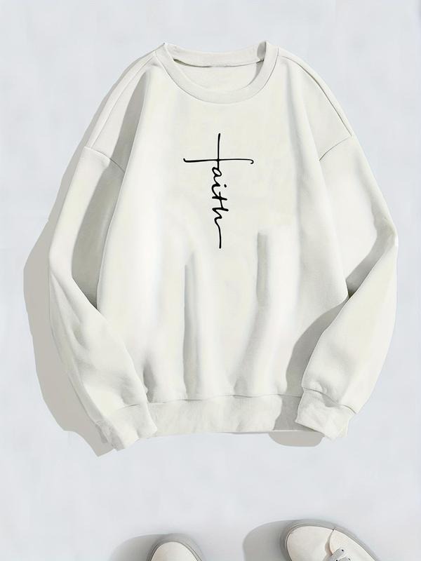 Women's Letter Print Drop Shoulder Sweatshirt, Casual Long Sleeve Round Neck Pullover For Spring & Fall, Women's Clothing...