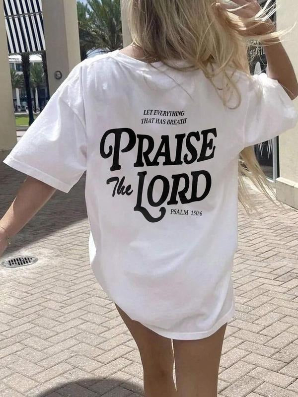 Women's Letter Print Drop Shoulder Tee, Casual Short Sleeve Round Neck T-shirt for Summer, Ladies Clothes for Daily Wear...