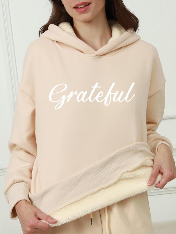 Women's Letter Print Drop Shoulder Thermal Lined Hoodie, Fashion Casual Hooded Sweatshirt for Daily Holiday Outdoor Wear,...