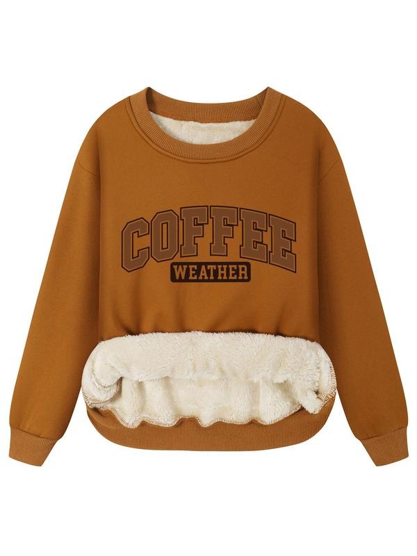 Women's Letter Print Drop Shoulder Thermal Lined Plush Sweatshirt, Casual Long Sleeve Round Neck Pullover for Fall &...