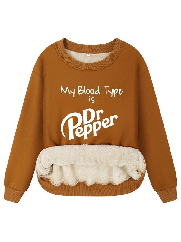 Women's Letter Print Drop Shoulder Thermal Lined Pullover, Casual Long Sleeve Crew Neck Sweatshirt for Fall & Winter,...