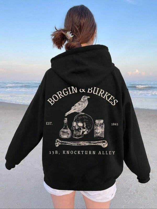 Women's Letter Print Hoodie, Casual Skull Print Hooded Sweatshirt for Spring & Fall, Fashion Women's Clothes for Daily...