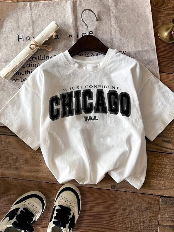 Women's Letter Print Round Neck Crop Tee, Casual Drop Shoulder Short Sleeve T-shirt for Summer, Women's Top for Daily...