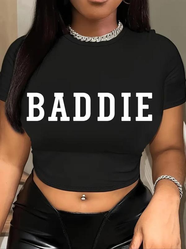 Women's Letter Print Round Neck Crop Tee, Casual Short Sleeve Crew Neck T-Shirt for Summer, Fashion Women's Top for Daily...