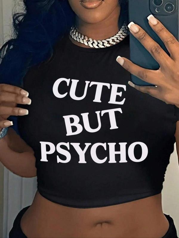 Women's Letter Print Round Neck Crop Tee, Casual Short Sleeve Crew Neck T-Shirt for Summer, Fashion Women's Top for Daily...