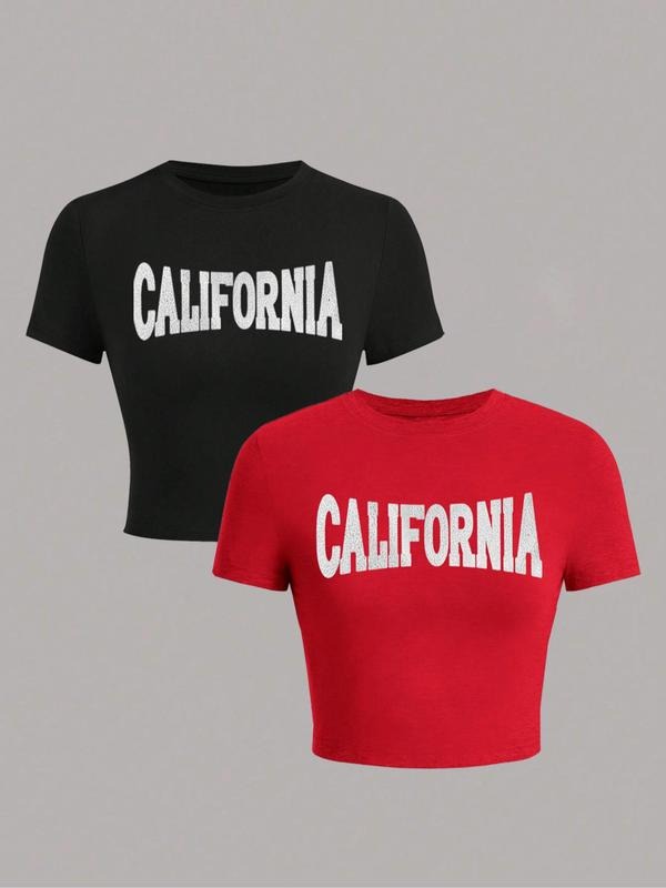 Women's Letter Print Round Neck Crop Tee, Casual Short Sleeve Crew Neck T-shirt for Daily Wear, Streetwear Top for All...