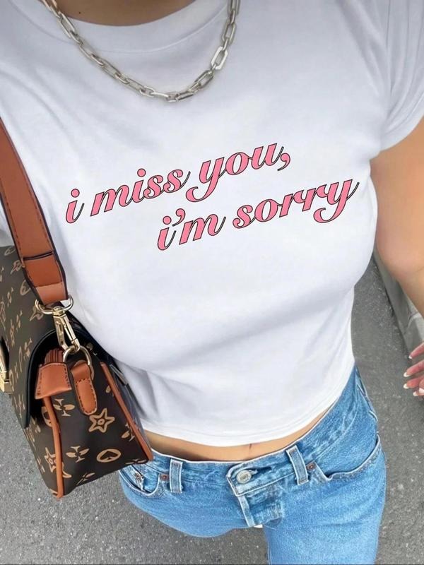 Women's Letter Print Round Neck Crop Tee, Fashion Casual Crew Neck T-shirt for Daily Holiday Vacation Outdoor Wear,...