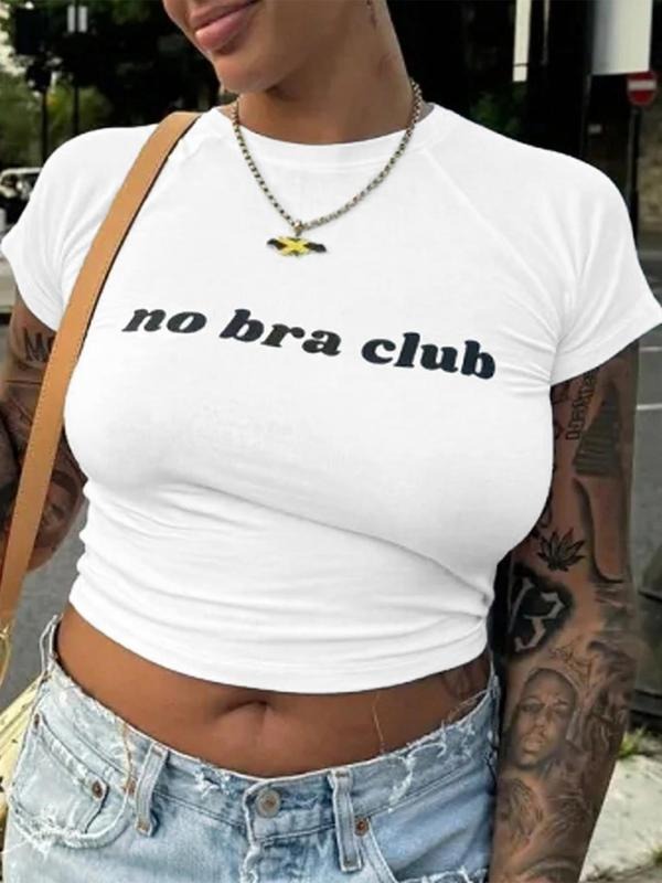 Women's Letter Print Round Neck Crop Tee, Fashion Casual Crew Neck T-shirt for Daily Holiday Vacation Outdoor Wear,...