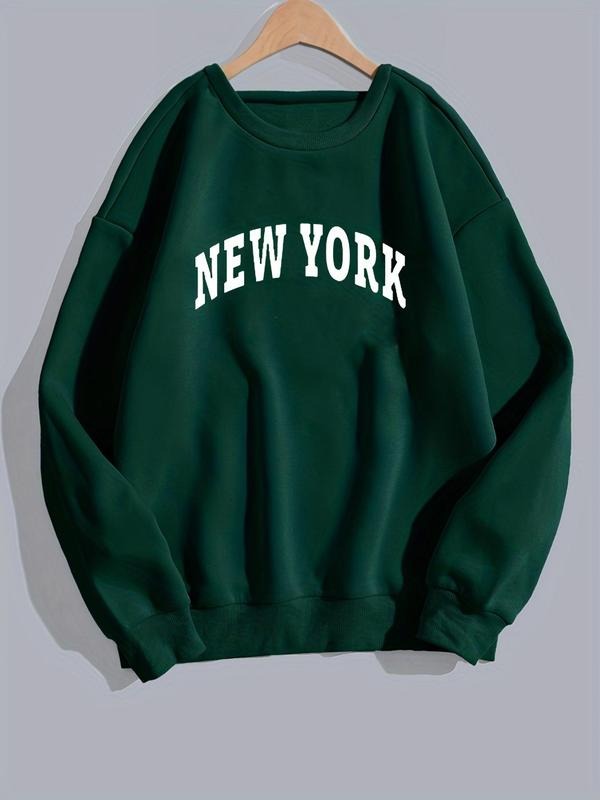 Women's Letter Print Round Neck Long Sleeve Sweatshirt, Casual Crew Neck Longsleeves Pullover Tops for Fall & Winter,...