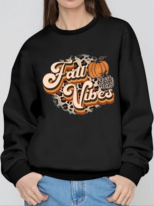Women's Letter Print Round Neck Sweatshirt, Casual Fashion Long Sleeve Pullover for Fall & Winter, Women's Clothes for...