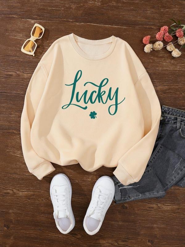 Women's Letter Print Round Neck Sweatshirt, Casual Long Sleeve Crew Neck Pullover for Fall & Winter, Women's Clothes for...